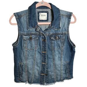 Y2K Mudd Denim Vest - Size L (Fits M/L) Distressed Raw Hem Grunge Layering